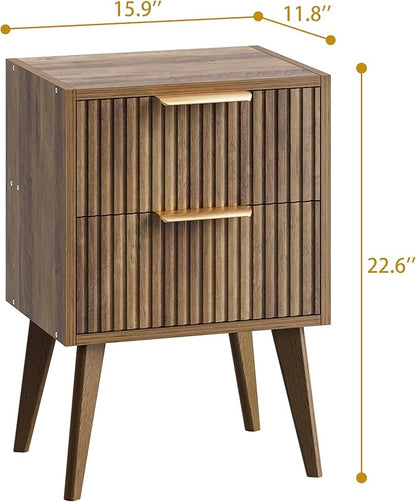 YAUKOMEL Mid Century Modern Nightstand,Small Bedside Table with 2 Drawers,Fluted Side Table,Walnut Brown End Table for Living Room,Bedroom,Small Space,Caramel Oak 11.8" D x 16" W x 22.4" H CTG55BR