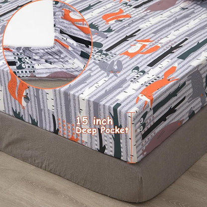JSD Woodland Animals Kids Printed Sheets Set Full, 4 Piece Soft Fox Microfiber Bed Sheets Deep Pocket