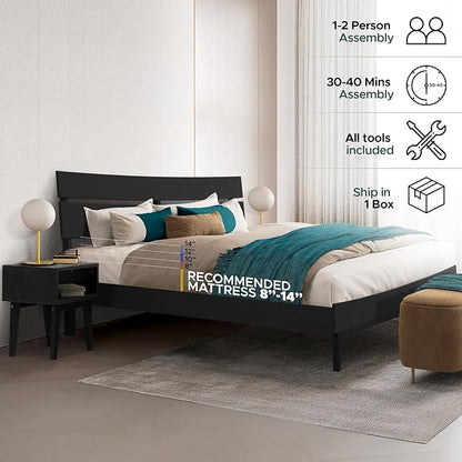 Acacia Aurora King Solid Wood Bed Frame with Headboard – Gift Matching Nightstand Included, Mid-Century Modern Farmhouse, Black Ristretto, 800 lbs Capacity, Sturdy, No Box Spring, Easy Assembly