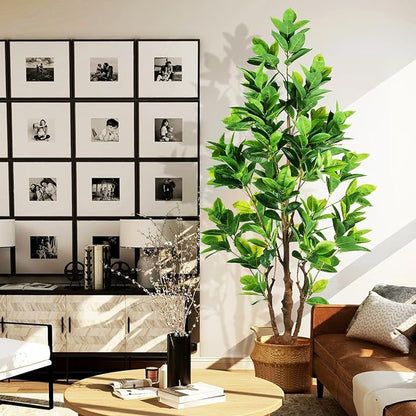 7.2ft Artificial Rubber Tree (85in) with Plastic Nursery Pot Fake Tree, Faux Ficus Plant for Office House Farmhouse Living Room Home Decor (Indoor/Outdoor)