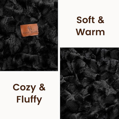 Cozy Bliss Faux Fur Throw Blanket for Couch, Fuzzy Soft Plush Thick Warm Fluffy Reversible Wave Textured Blanket for Sofa Bedroom Living Room, 55 * 70 Inches Black