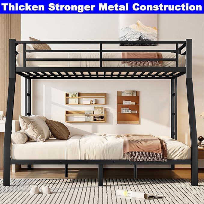 Upgraded Version Thicken Metal Queen Over King Bunk Bed, Heavy-Duty Steel King Bunk Bed, Best Modern Bunkbed King Size for Adults, Easy Assemble (Queen Over King)