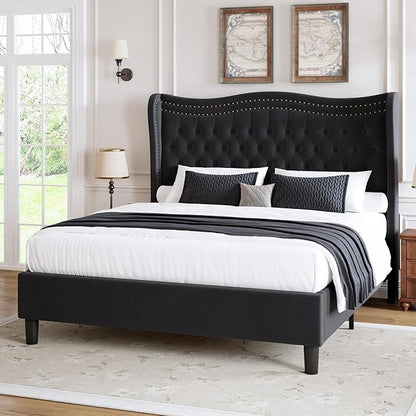 Upholstered King Size Bed Frame with Tall Headboard, Velvet Wingback Platform Bed Frame with Deep Button Tufted, No Box Spring Needed, Noise Free, Black