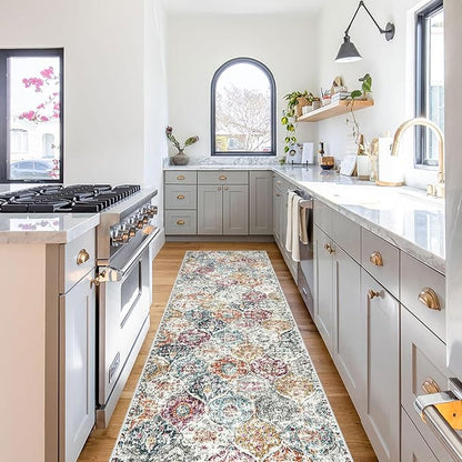 Lahome Moroccan Hallway Rug, 2'5''x8' Kitchen Runner Rugs Non Skid Washable Runners for Hallways, Ultra-Thin Oriental Carpet for Entryway Laundry Room Bedroom Bathroom, Aqua/Multi