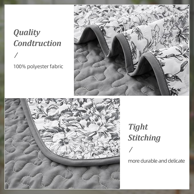 WONGS BEDDING Quilt Queen Size, Grey Quilt Bedding Set with 2 Pillowcases, Botanical Quilt for Queen Bed, Soft Microfiber Lightweight Coverlet Bedspread for All Season (96"×90", 3 Pieces)