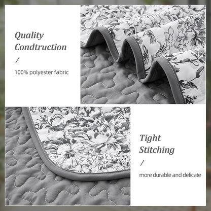 WONGS BEDDING Quilt King Size, Grey Quilt Bedding Set with 2 Pillowcases, Botanical Quilt for King Bed, Soft Microfiber Lightweight Coverlet Bedspread for All Season (110"×90", 3 Pieces)