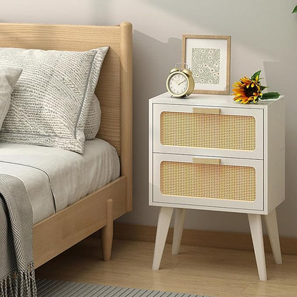 YAUKOMEL Rattan Nightstand, Wood End Table, Side Table with 2 Hand Made Rattan Decorated Drawers,Boho Bedside Table,Wood Accent Table with Storage for Livingroom, Bedroom, White CTG59W