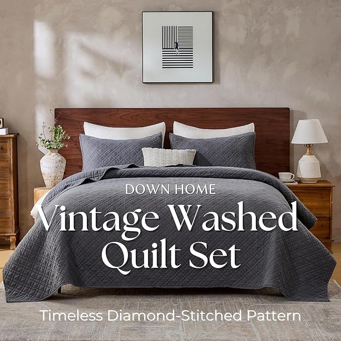 Cali King Quilt Set with Shams Lightweight Quilted Bedspread Coverlet Thin Comforter Bed Cover Vintage Washed Quilted Blanket for All Season, Brushed Microfiber Diamond Stitching, Ash Gray, 111"x92"