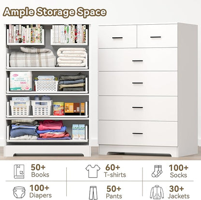 Dresser with Power Outlets Wooden 6 Drawer Dresser with Large Organizer White Tall Storage Organizer with Smooth Metal Rail Modern Chest of Drawers Closet for Bedroom Hallway