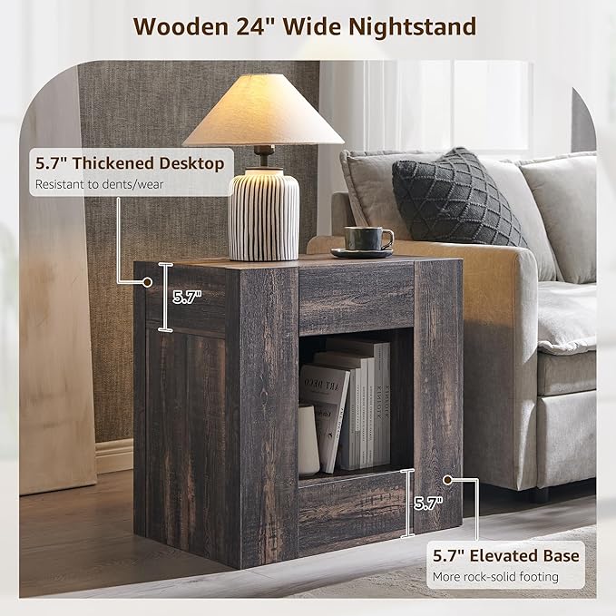 OKD Modern Nightstand with Charging Station, 24" Large Bedside Table, Rustic End Table with Drawers & Open Shelf for Bedroom/Living Room, Night Stand Wood Thick Design,Dark Rustic Oak