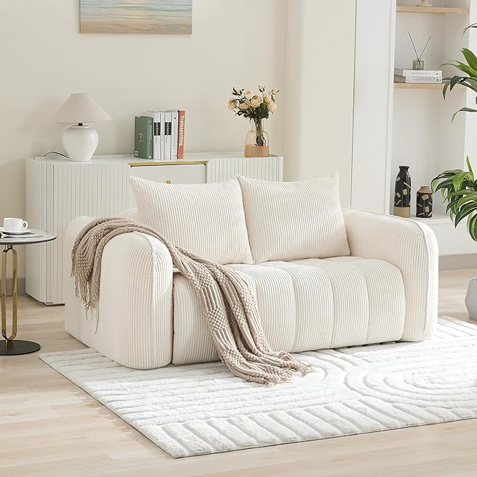 Corduroy Boneless Living Room Sets, Modern Upholstered Loveseat with 2 Signle Sofa Chairs, Comfy Deep Seat Cloud Sofa Couch Sets for Living Room, White