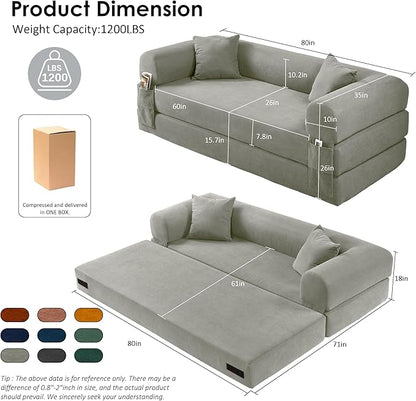 80" Convertible Sofa Bed, Corduroy Deep Seat Folding Pull Out Couch with Pillows, No Assembly Modern Boneless Couch Compression Sofa in Box, Floor Sofa with Storage Pocket for Living Room,Light grey