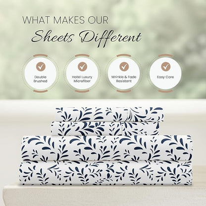 Linen Market 4 Piece California King Bedding Sheet Set (Navy Vines) - Sleep Better Than Ever with These Ultra-Soft & Cooling Bed Sheets for Your Cal King Size Bed - Deep Pocket Fits 16" Mattress
