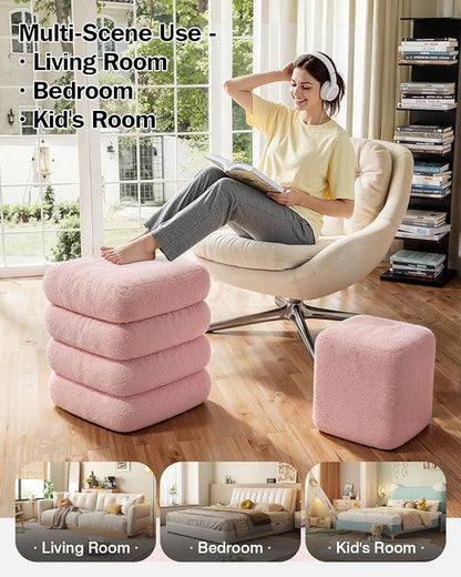 2-Piece Heavy-Duty Nesting Storage Ottoman Set, 440LBS Capacity Square Upholstered Vanity Stool with Lift-Top Storage for Living Room/Bedroom, Space-Saving Seating & Footrest, Pink UASND69P
