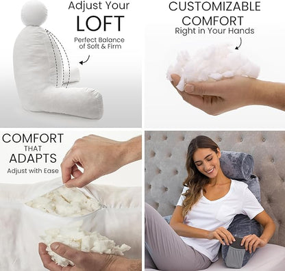Husband Pillow Medium Dark Grey, Backrest for Kids, Teens, Petite Adults - Reading Pillows with Arms, Adjustable Loft, Plush Memory Foam, Bed Rest Chair Sitting Up, Detach Neck Roll, Removable Cover