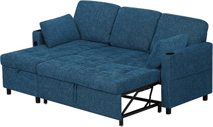 84" Chenille Pull Out Sofa Bed w/Adjustable Backrest, L-Shape Modern Sleeper Sofa w/Reversible Chaise, Upholstered Sectional Couch w/USB Port and Side Pockets for Living Room, House, Blue