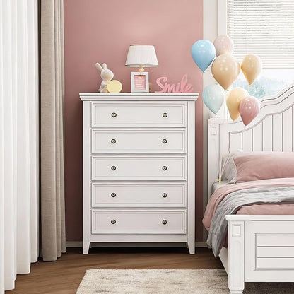 White Dresser for Bedroom,5 Chest of Drawers Dresser,Tall Nightstand Modern Clothes Organizer Cabinet Dressers for Bedroom,Closets,Hallway