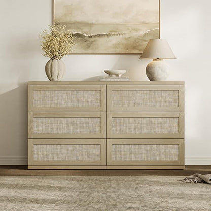 SICOTAS Dresser for Bedroom - 50" Wide 6 Drawer Dresser Rattan Dressers & Chests of Drawers Boho Drawers for Bedroom Bedside Table Clothes Large Closet Storage for Closet Hallway Entryway