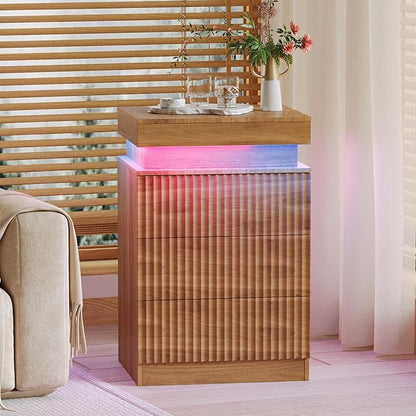 Walnut Nightstand with 3 Drawers and LED Light, Mid Century Modern Fluted Night Stand with Charging Station, Bedside Table & End Table for Bedroom