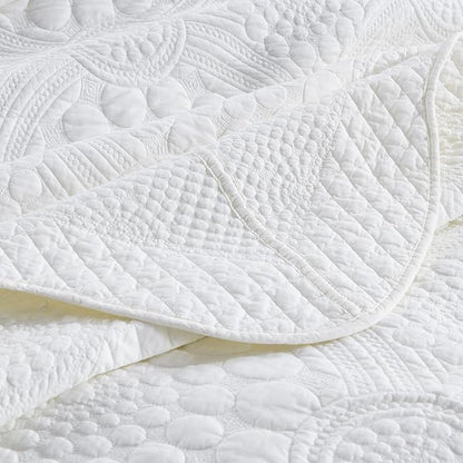 MarCielo 100% Cotton Quilt Set - 3-Piece Embroidered Farmhouse Bedspread & Shams, All-Season Breathable Bedding (Tf Bright White,Queen)