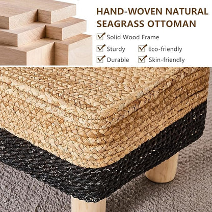 Wimarsbon Natural Seagrass Footstool Ottoman Rectangular Footrest Pouf Ottomans with Wooden Legs Hand Weave Step Stool for Living Room Bedroom Entryway Black