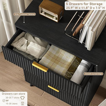 CARPETNAL Fluted 5 Drawers Dresser for Bedroom, 45" Tall Wooden Chest of Drawers with Rounded Corners, Gold Handles, Modern Storage Organizer for Bedroom, Hallway (Black)