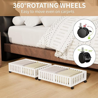 Bamboo Under Bed Storage with Wheels,Rolling Underbed Shoe Organizer Box for Shoes,Blankets,Toys,Clothes Container Space-Saving Bins for Bedroom,Closet,Dorm,Nursery