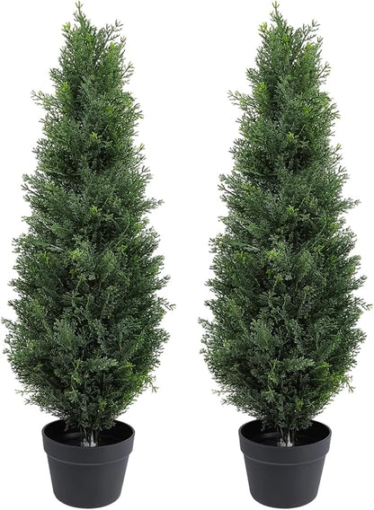 Artificial Topiary Cedar Trees 3FT Tall, Outdoor Indoor Faux Pine Shrubs Plants, Realistic Fake Plants Front Porch Decor, for Front Porch Decor Patio Offices Living Room, Set of 2