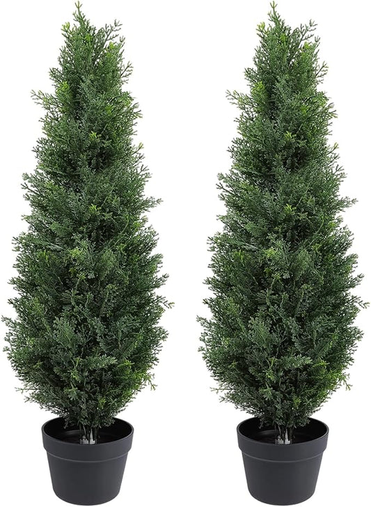 Artificial Topiary Cedar Trees 3FT Tall, Outdoor Indoor Faux Pine Shrubs Plants, Realistic Fake Plants Front Porch Decor, for Front Porch Decor Patio Offices Living Room, Set of 2