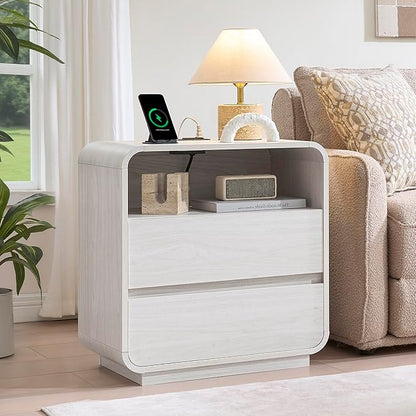 White Nightstand Set of 2 with Charging Station, 23.2" Wide Wood Bedside Table, Modern End Table with 2 Storage Drawers, Curved Profile, Handleless, Mid Century Night Stand for Bedroom