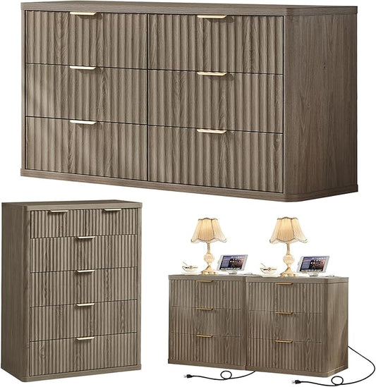 LEYAOYAO Fluted Dressers & Nightstand Set of 4, Wood 48" Wide Dresser & 42" Tall Chest of Drawers,Modern Bedroom Furniture Sets, Grey Wooden Nightstand Set of 2 with 3 Drawers & Charging Station