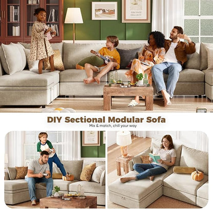 ABCASA 102.6" U Shaped Modular Sectional Sofa, 5 Seater Couch with Storage Ottoman Deep Seat and High Backrest with Removable Cover for Living Room, Apartment - Chenille Beige