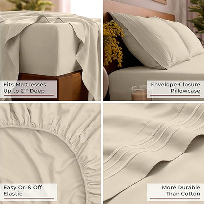 Mellanni Queen Sheet Set - 6-Piece Iconic Collection Bedding, (Including 4 Pillowcases), 21-Inch Extra Deep Pocket, Easy Care, Ultra Soft, Cooling Sheets, Brushed Microfiber - Beige