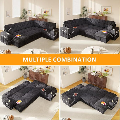 Modular Sectional Sleeper Sofa with Pull Out Bed, U Shaped 7 Seat Sectional Couches for Living Room, 108 Inch Sofa Bed with Adjustable Backrest | Hidden Storage | Wide Armrest | Navy Blue