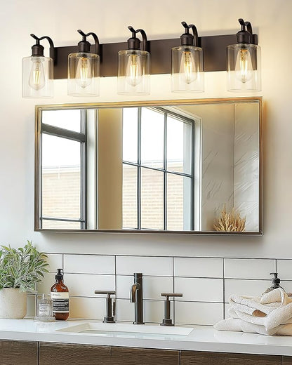5 Light Bathroom Vanity Light, Morden Bath Lights Over Mirror Oil Rubbed Bronze Bathroom Sconce Lights with Clear Glass Shade ZCVL01ORB-5