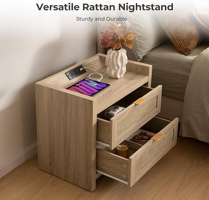 SICOTAS Rattan Nightstand Bedside Table - Night Stand with Type-C Charging Station, 2 Drawers Storage - Boho Night Stands End Table for Bedroom - Light Oak