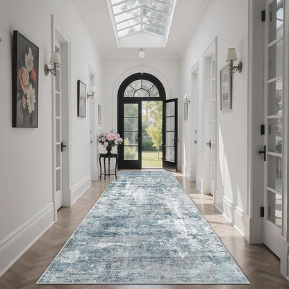 Washable Runner Rug, 2'6" x 8' Non-Slip Kitchen Vintage Foldable Hallway Runners for Entryway, Laundry, Bedroom, Blue