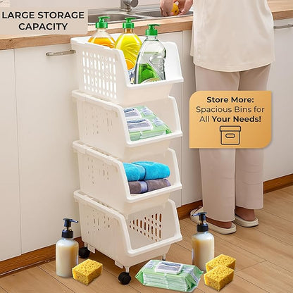 TidyFriend Stackable Storage Bins for Pantry - 4 Pack Small Stackable Bins for Organizing Food, Kitchen, and Bathroom Essentials (White)
