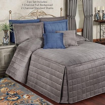 Touch of Class Camden Luxury Bedding | Neutral Charcoal Gray Color | Grande Fitted Bedspread | Faux Suede Box Quilted Design | Designed 3 Piece Set Includes Full Bedspread and 2 Standard Shams