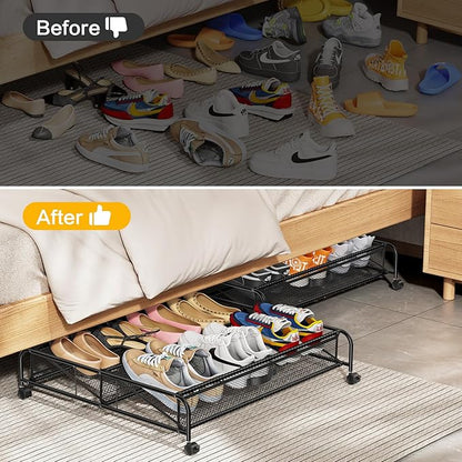 Under Bed Shoe Storage Organizer, 2 Pack Under Bed Storage Containers with Wheels for Under Bed Shoe Organizer Drawer Space Saving for bedroom