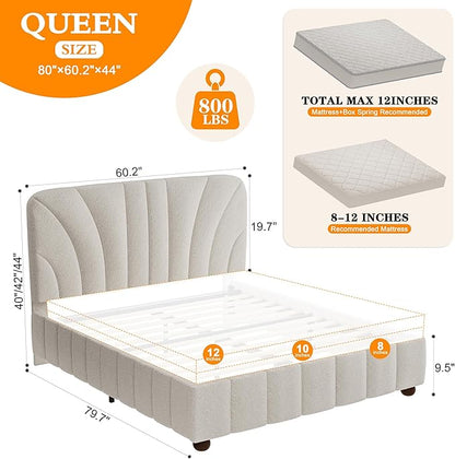 Queen Size Boucle Bed Frame Upholstered Bed Frame Queen with Adjustable Headboard, Solid Wood Slats Support, Bed for Bedroom Apartment, Dorm, No Box Spring Needed, Easy Assembly, Noise-Free, Cream