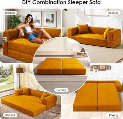 80" Convertible Sofa Bed, 3-in-1 Corduroy Folding Pull Out Couch with Pillows, No Assembly Modern Boneless Couch Compression Sofa in Box, Floor Sofa with Side Storage Pocket for Living Room, Yellow
