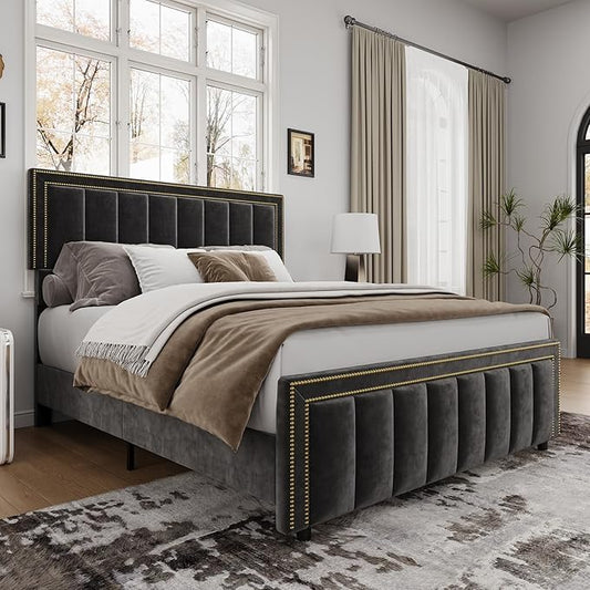 BarnFurin Queen Bed Frame with 50" Tall Headboard and Footboard, Chenille Upholstered Platform Bed, Vertical Channel Tufting with Nailhead Trim, No Box Spring Needed, Easy Assembly, Black
