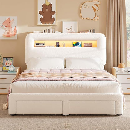 King LED Bed Frame with Storage Headboard & Charging Station, Kids Bed Frames with Bookcase, Teddy Fleece Upholstered Platform Bed Frames with 2 Storage Drawers, Noise Freed, Beige