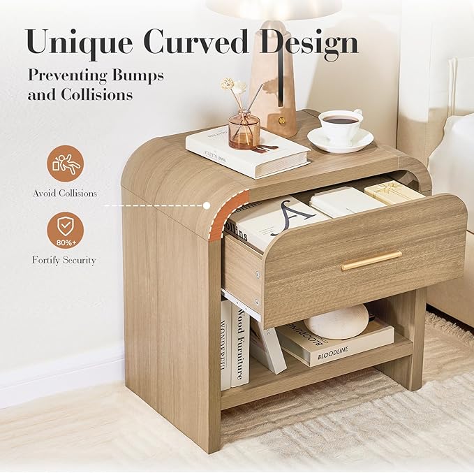 Night Stand [Unique Curved Profile] [FSC-Certified Wooden Board] 1-Drawer and 1 Storage Shelf Nightstand 24" H Metal Handle Modern Bedside Table Side Table End Table
