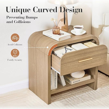 Night Stand [Unique Curved Profile] [FSC-Certified Wooden Board] 1-Drawer and 1 Storage Shelf Nightstand 24" H Metal Handle Modern Bedside Table Side Table End Table