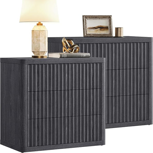 SICOTAS Night Stand Set 2 - Oversized Extra Large Bedside Table Modern Side Table with Storage Fluted 3 Drawer Nightstand 27.5" W End Tables Dorm Room Nightstands for Bedroom Sofa Couch Home Office