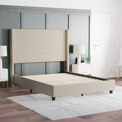 EMMA + OLIVER Nora Queen Size Faux Linen Upholstered Platform Bed with Plush Padded Wingback Headboard (No Box Spring Needed), Modern Upholstered Headboard Queen Bed Frame, Beige
