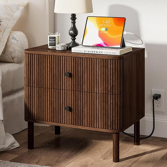 Night Stand with Charging Station, 24" Large Fluted Nightstand with Rounded Corners & Solid Wood Legs, 2 Drawers End Table with Storage, Mid Century Modern Bedside Table for Bedroom, Walnut