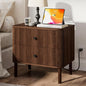 Night Stand with Charging Station, 24" Large Fluted Nightstand with Rounded Corners & Solid Wood Legs, 2 Drawers End Table with Storage, Mid Century Modern Bedside Table for Bedroom, Walnut